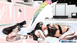 Poolside big tits lesbian pussy licking