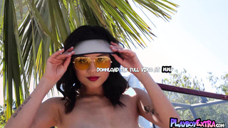 Asian babe flashes her tits and pussy