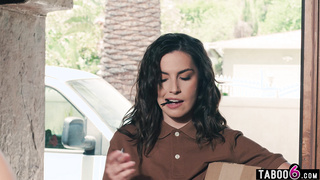 Teen answering the door with a strapon