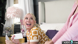 Lesbian teens learning on a big dildo