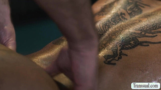Horny masseur fucks the ass of TS Ebony customer