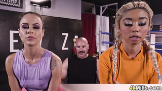 Boxing lesson with two busty MILF sluts