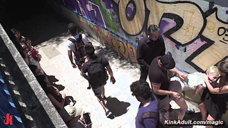 Bound blonde fucked at subway entrance