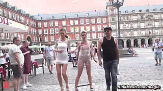 Blonde wrapped in plastic in public