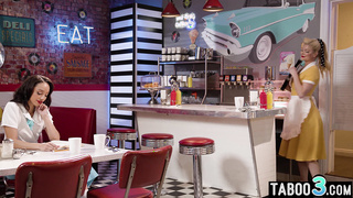 Ebony teen eating a MILF waitress pussy