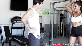 Busty athletic lady Aila Donova lets a hunk dude fuck her in the gym