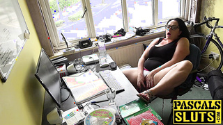 Busty babe masturbates solo while sucking a big dildo