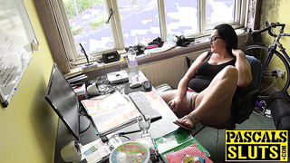 Busty babe masturbates solo while sucking a big dildo