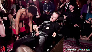 Ebony and redhead trained at BDSM party