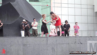 Naked slave gets head shaved in public