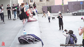 Naked slave gets head shaved in public