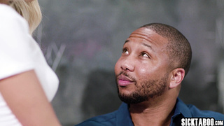 Blonde babe Emma Hix sucking black cock