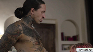 Shy TS gives her busy stepbrother a best blowjob