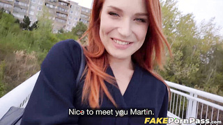 Russian red head Clemence Audiard tempts a man for hardcore sex outdoors