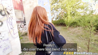 Russian red head Clemence Audiard tempts a man for hardcore sex outdoors