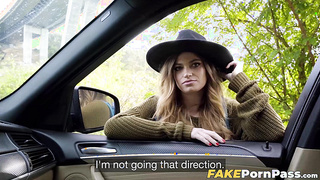 Sexy hitchhiker Nicole Rae worships my extra large dick for a free ride