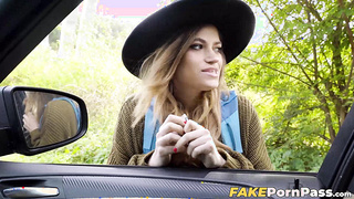 Sexy hitchhiker Nicole Rae worships my extra large dick for a free ride