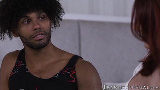 Redhead shemale Ariel Demure receives blowjob before drilling her black stepson