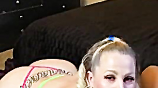 Chubby Blonde with big tits sucking black cock