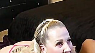 Chubby Blonde with big tits sucking black cock