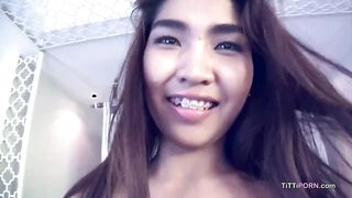 Diminutive & Big-Chested Thai Nymph No Condom Internal Cumshot on Bed