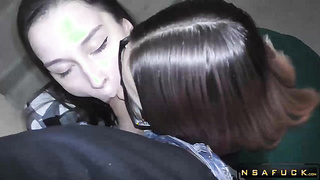 Amateur threesome and blowjob in front of the entrance