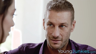 Brunette babe Sophia Burns feels horny so she deepthroats a cock before riding it