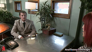 Redhead shemale Eva Lin anal fucks Mike J in the office