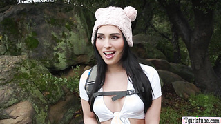 Beautiful hiker Ember Fiera analed in the woods