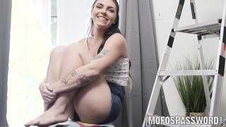 Tiny brunette Thalia Rhea slobbers all over my fat cock