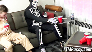 FTMPussy.com - Naughty ftm Luke sucks Zack Grays huge cock in skeleton suit