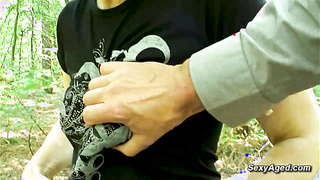 Hairy pussy granny fucks in the woods