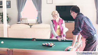 Playing pool with extra tiny Marsha May