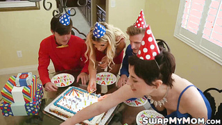 Best friends Olive Glass and Brooklyn Chase surprise their stepsons with blowjobs