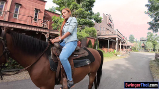 Horseback riding and fucking in a saloon amateur couple