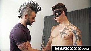 MaskXXX.com - Muscular stud's dick sucked by a freaky tattooed hunk friend