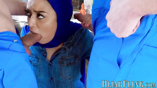 Arabic lady Maya Bijou seduces two hung studs into spit roasting her roughly