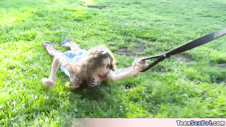 Teen with curly hair used as a sex toy