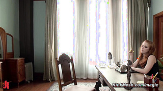 Promiscuous redhead fucked in bondage