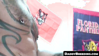 DaddyBreeding.com - Horny twink bounces on tattoed daddies big hard cock on the bed until he cums