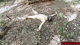 Four posts keep studs hands away from his cock