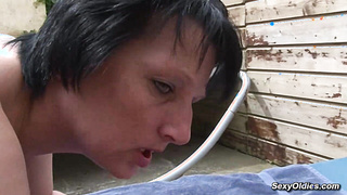 Brunette housewife Lucie Luke anal fucked in the garden