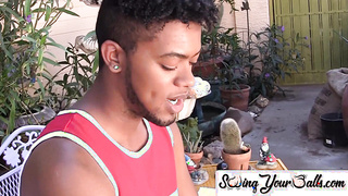 SwingYourBalls.com - Young ebony stud flaunts his balls and enjoys solo stroking