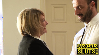 Blonde English MILF sucks hard cock while being a cute sub