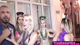 TeenGroupSex.com - Blonde amateur BFFs enjoy Mardi Gras orgy