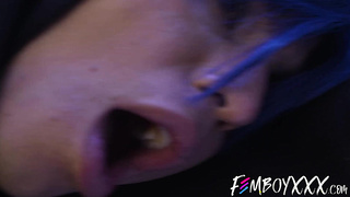 Horny femboy Angel Santana gives hung boyfriend a footjob until cumshot