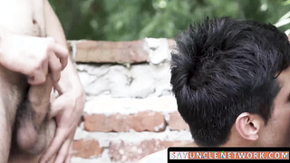 SayUncleNetwork.com - Public bareback threeway with a cock hungry straight latino twink