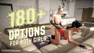 Big tits blonde and ebony futanari lesbians have new uniforms in a game