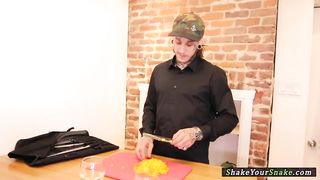 Monstrous housewife fellating stiffy in the kitchen