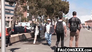 FalconsXXX.com - Deep blowjob affair in the toilet with two cock-loving hunks